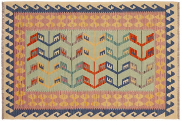 Flat Weave Kilim, Antique, Navaho, Vintage, Handmade, Modern Kilim Blue Beige Hand-Woven Rectangle 100% Wool Area Rug 4 x 6